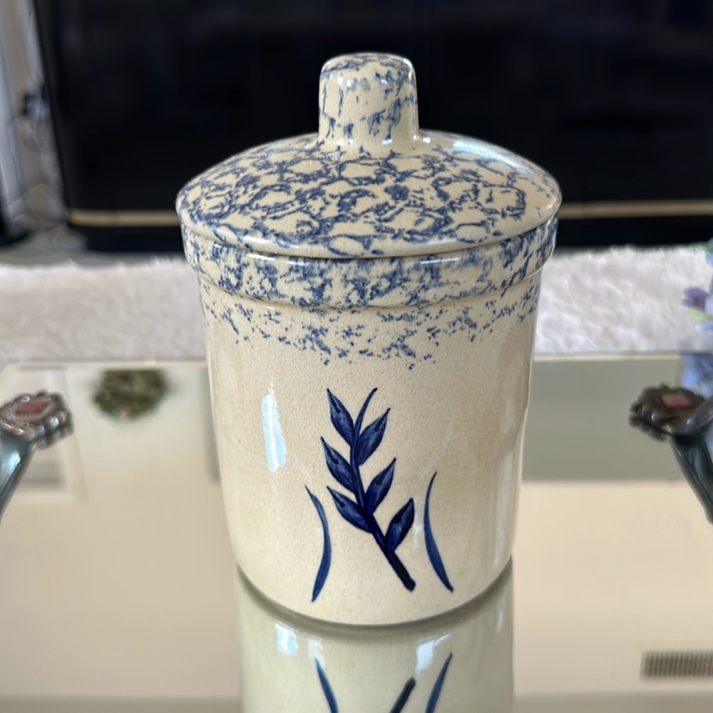 Vintage Roseville OH 1 Quart Crock Salt Glazed Robinson Ransbottom Blue Wheat